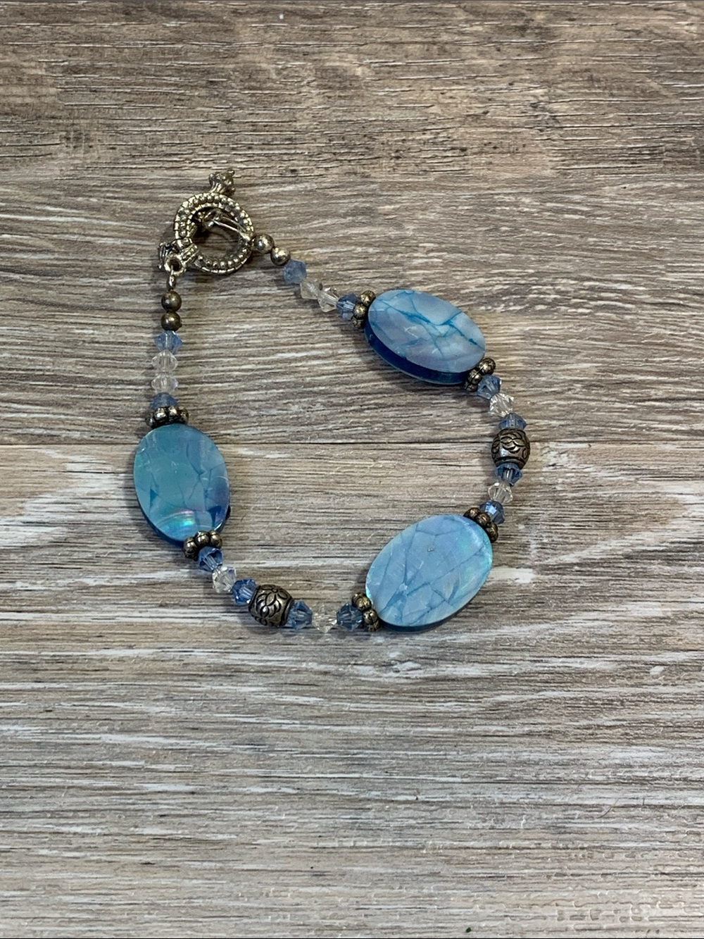 Blue Glass Bead Bracelet with Antique Gold Accents